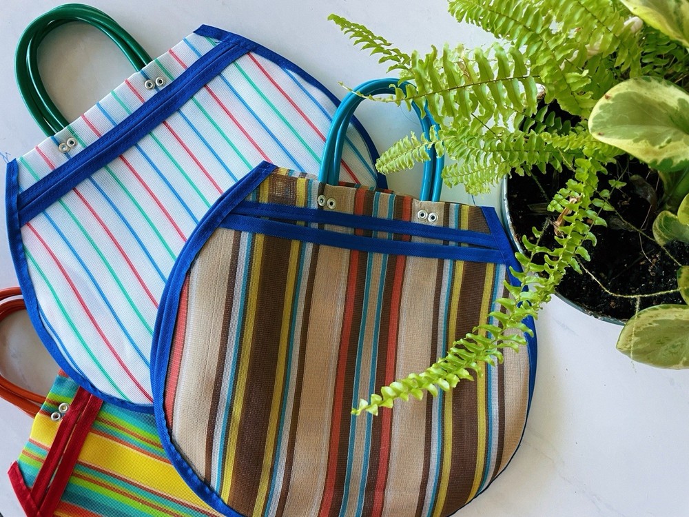 Foldable Multicolor Striped Plastic Reusable Shopping Bag with Handles