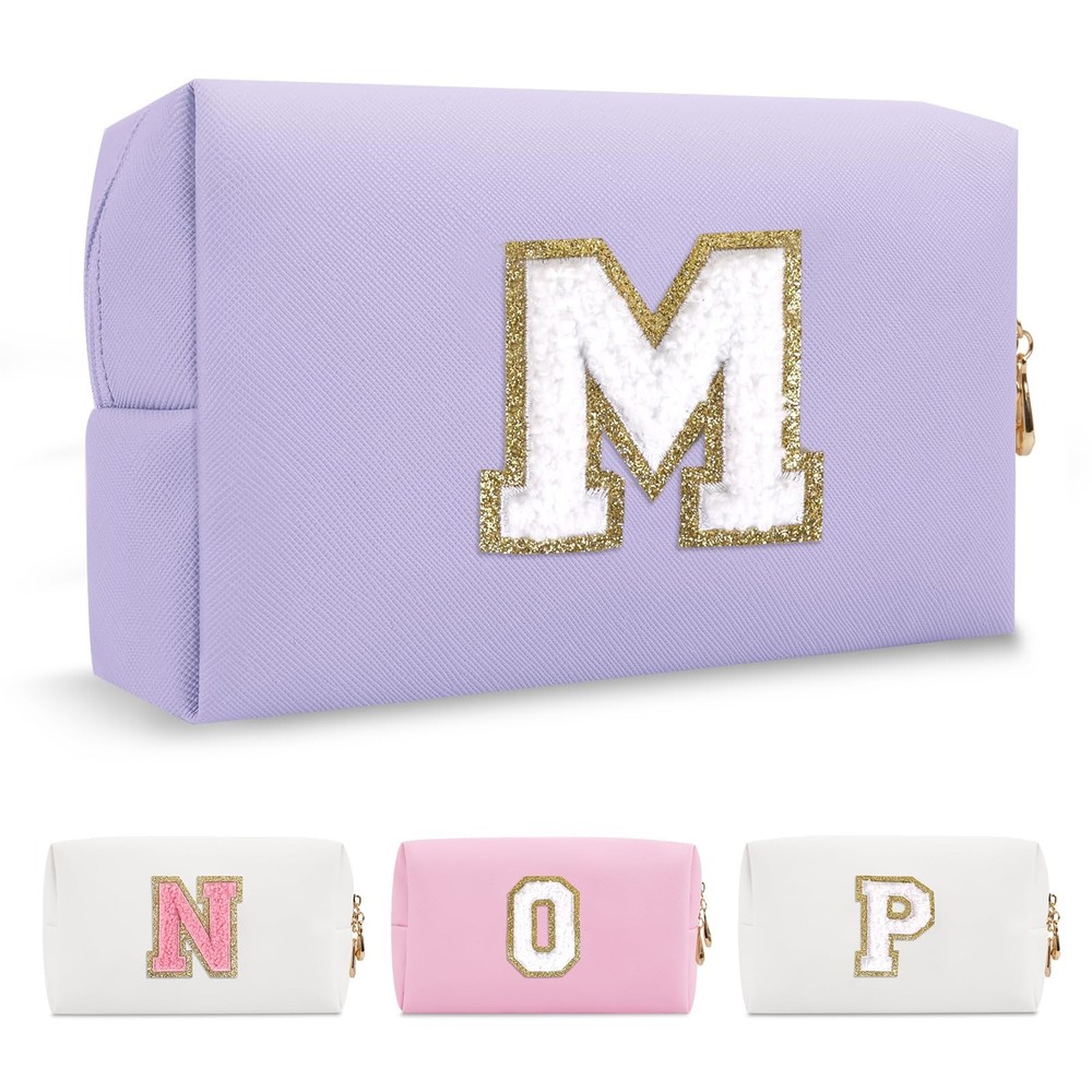 Personalized Makeup Bag Initial A-Z Preppy Patch M, Purple,White-Letter
