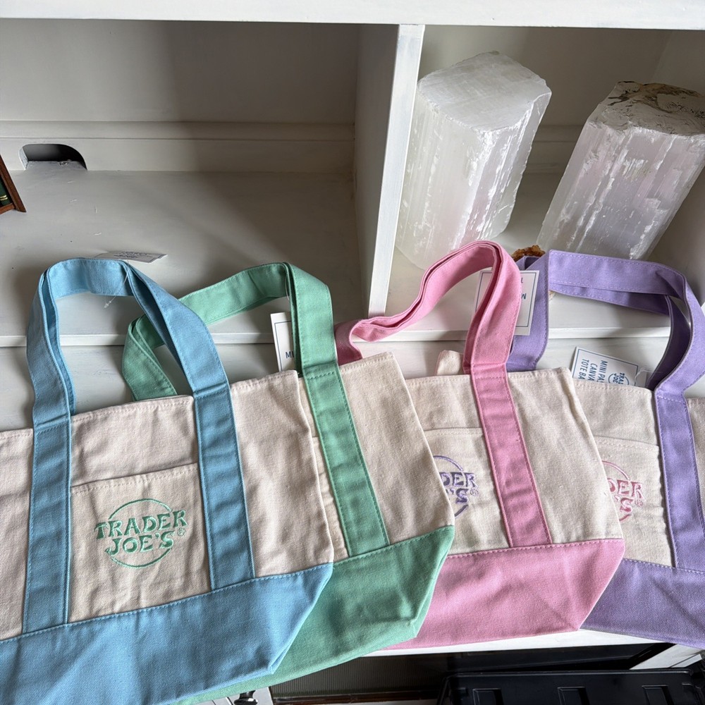 Authentic Trader Joe’s foldable Canvas Mini Tote Bags Set of 4 multicolored