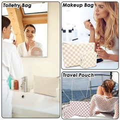 Fammart Checkered Makeup Bag, Travel Cosmetic Bag large, – Khaki