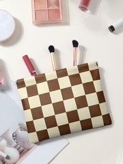 Ksriylm Brown Checkered PU Leather Makeup Pouch Set for Women 6×7.8in,