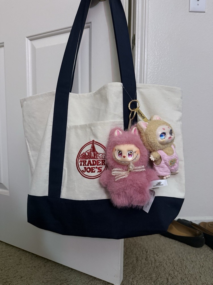 Trader Joe’s Canvas Tote Reusable Tote Bag Blue White Red embroidered Logo