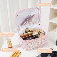 UUYUUY Makeup Bag for Women 3PCS Quilted Cotton Make Up Pink Floral D
