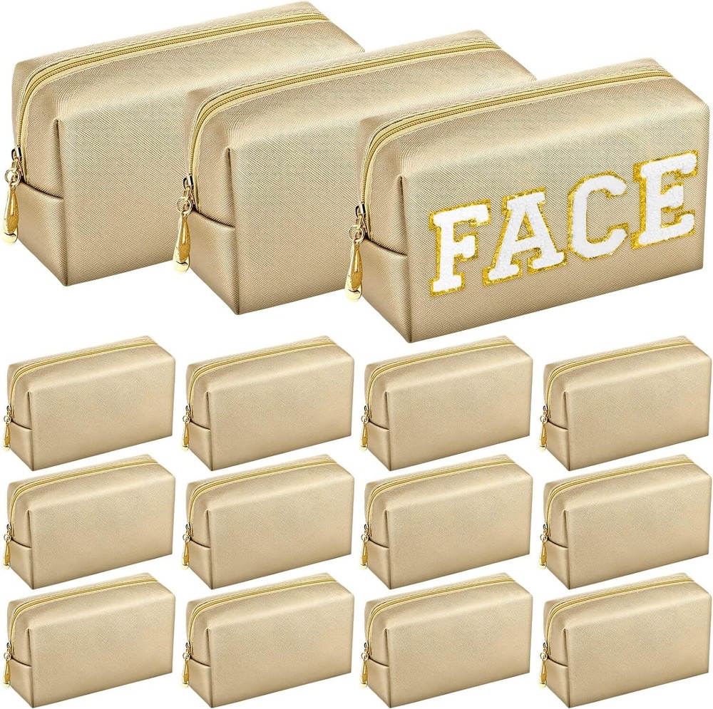 Kigeli 15 Pcs Aesthetics Makeup Bag PU Leather Cosmetic Champaign Gold