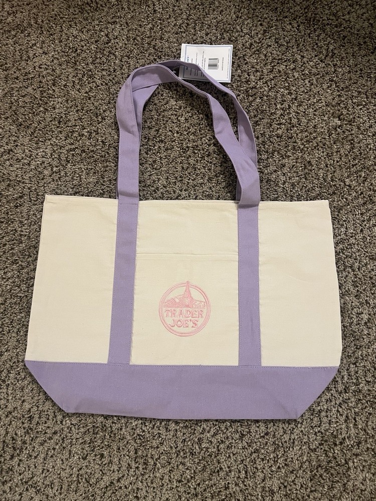 Trader Joe’s Reusable Shopping Tote Bag Cream Beige & Purple