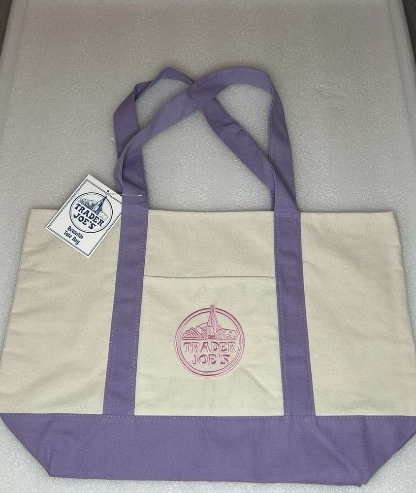 Trader Joe’s Canvas Reusable Logo Tote Bag Large Purple/Beige 20in x 14in