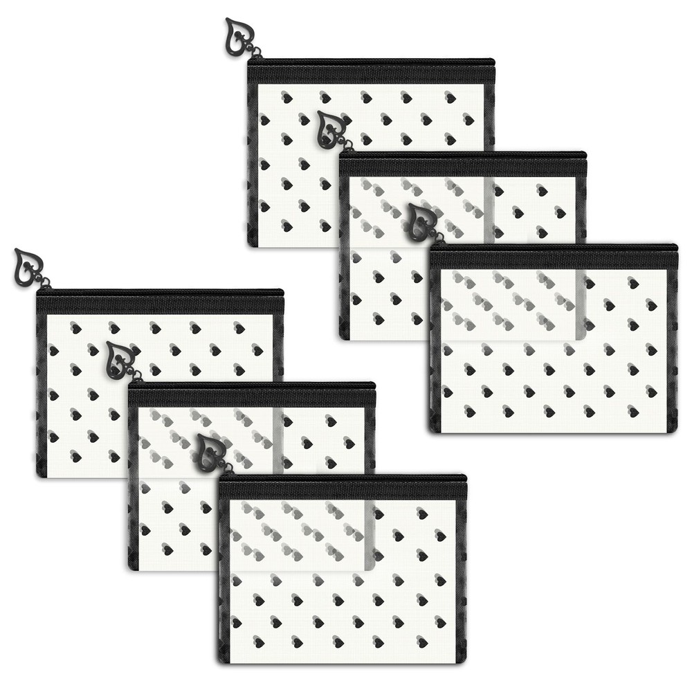 Fassave 6 Pack Mini Zipper Mesh Makeup Bags, Heart Print Nylon XS, Beige