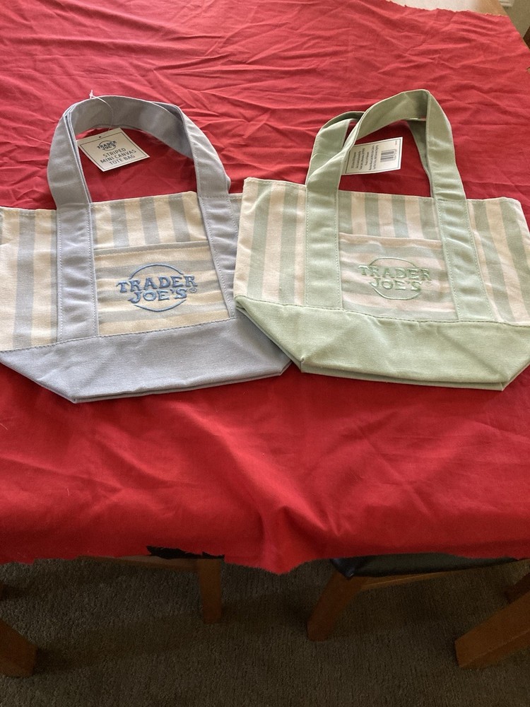 2 Trader Joe’s Mini Pastel Stripe Tote Bags 1 Blue 1 Green FREE SHIP