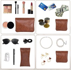 3PCS Pouchic Snap Closure Pouches, Pu Leather Small Makeup Bag 3PCS, BROWN