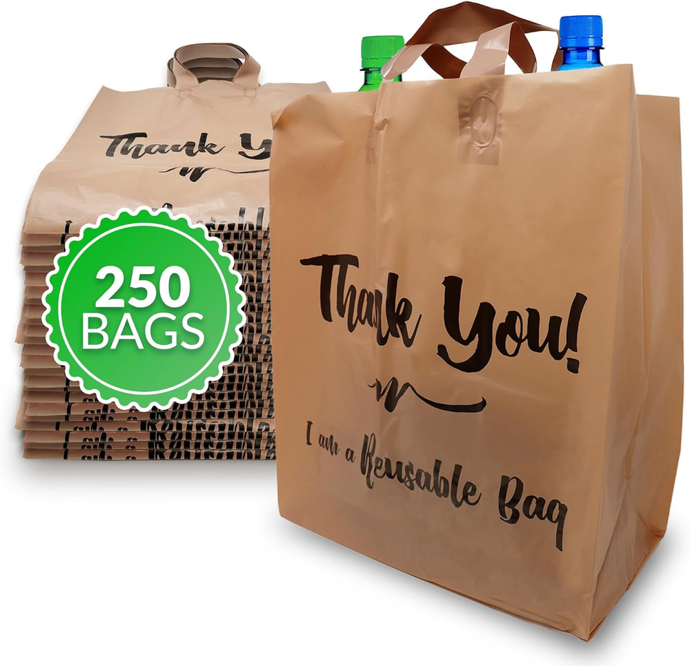 Reli. Reusable Thank You Bags | 250 Pack, 2 Mil | Brown/Kraft Shopping Bags Plas