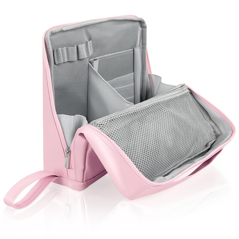 seektik Standing Makeup Bag, Stand Up Bag with Multiple Pink