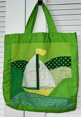 Patchwork Sailboat Foldable Cotton Shopping Bag Green Yellow White Inner Pocket