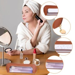 Small Clear Makeup Pouch, PU Leather Brush Bag Portable Travel Brown