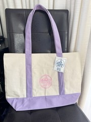 Trader Joe’s Reusable Tote Bag Beige Purple Canvas Foldable Color Block