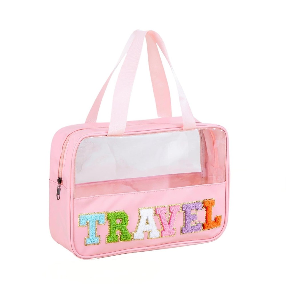 TRIP TIGER Girls Clear Makeup Bag with Chenille Letter Pink/Clear