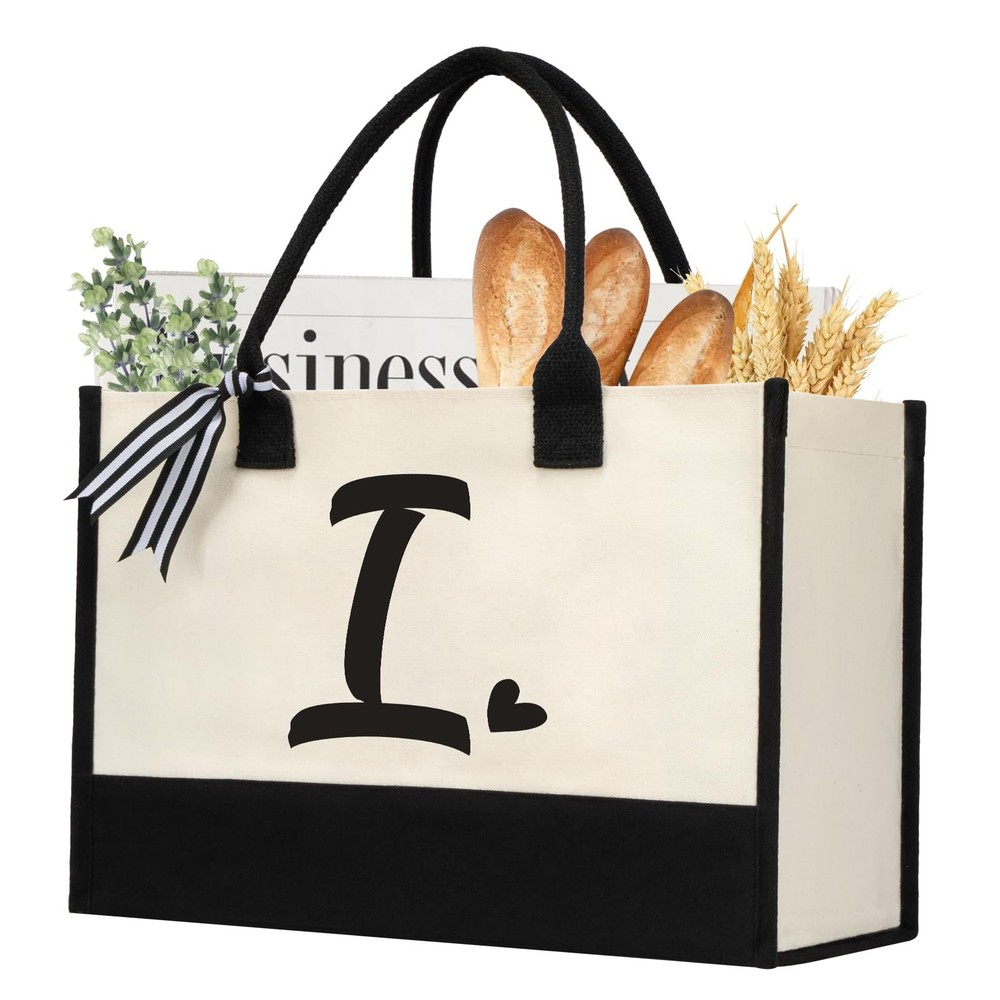 Initial Canvas Tote Bag, Personalized Beach Jute Bag Present for Women Holida…