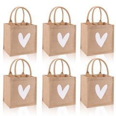 6 Pack Burlap Tote Bags with Handles Only White Heart Printed Reusable Jute G…