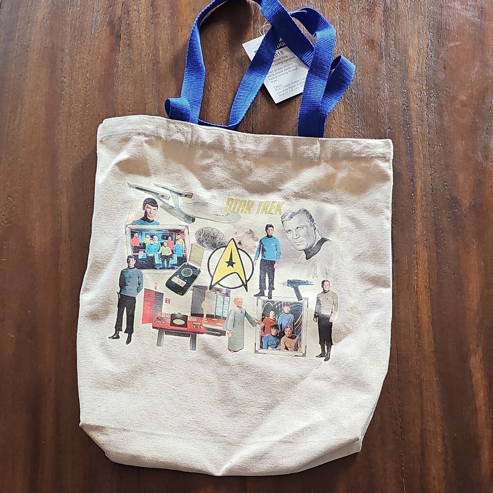 Bag Edge Canvas Foldable Tote with Star Trek Print, Beige Blue Handles