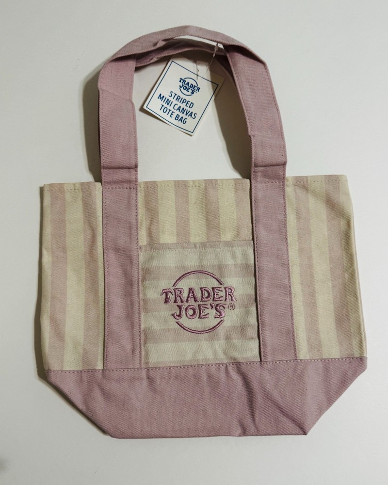 Authentic Trader Joes Mini Pastel Pink Stripe Canvas Tote Bag Limited Edition