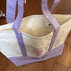 Trader Joe’s Foldable Cotton Polyester Tote Bag Purple Beige Reusable Shopping