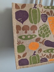 Trader Joe’s Jute Burlap Expandable Tote Bag Vegetables Eggplant Large Lined EUC