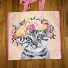 Tiger Kitty Cat FLORAL Crown🌸Reusable Durable Shopping Bag EcoTote TJX NWT
