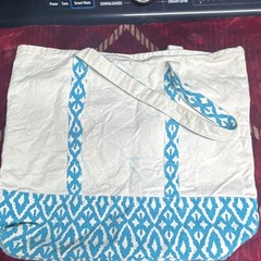 Large Beige and Blue Canvas Foldable Reusable Shopping Bag Geometric Pattern