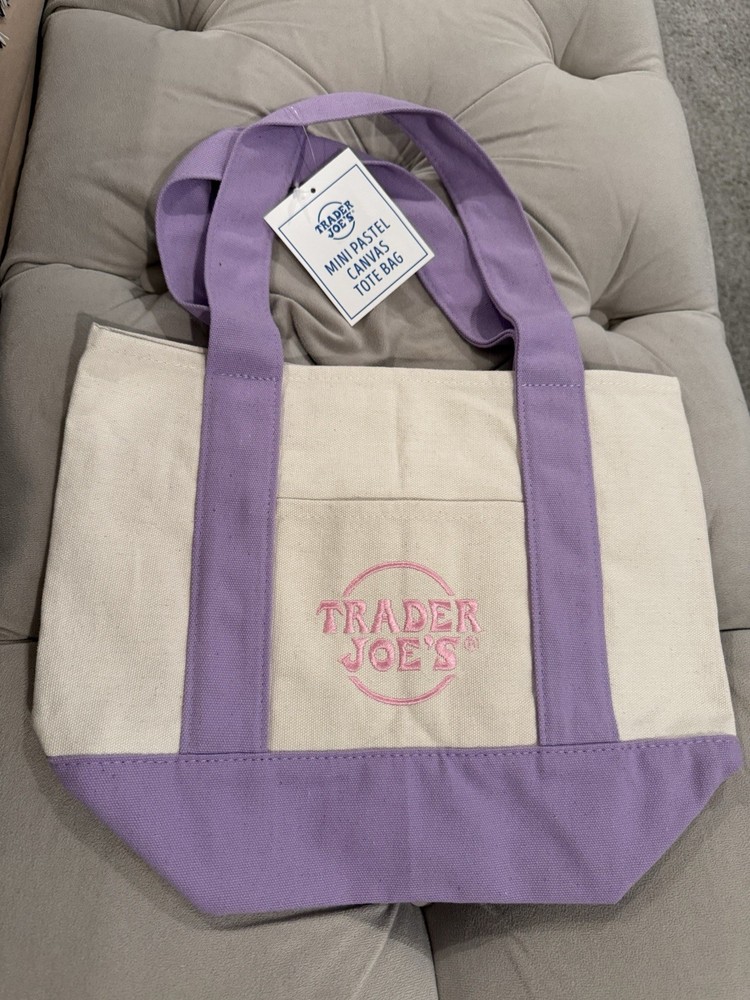 Trader Joe’s Mini Foldable Canvas Tote Bag Purple Beige Contemporary Style