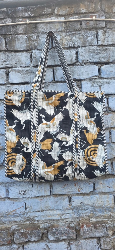 Hand Block Print Quilted Cotton Tote Bag: Floral Birds Market Travel Grocery Bag