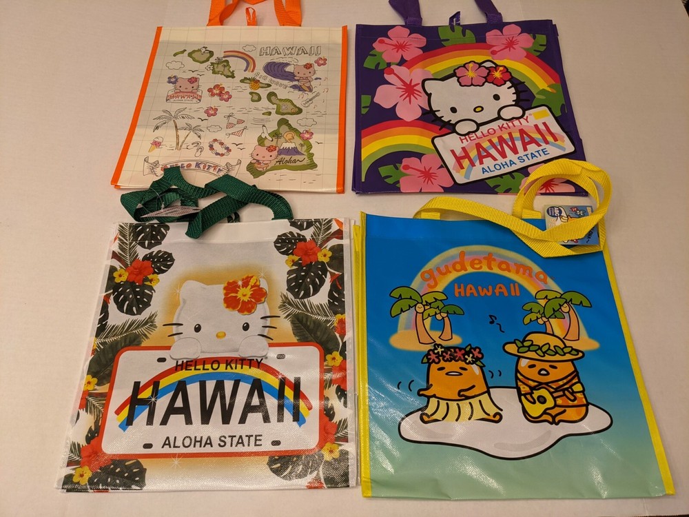 4 HELLO KITTY HAWAII REUSABLE SHOPPING BAGS HAWAIIAN ALOHA GUDETAMA 13″ x 13 NEW