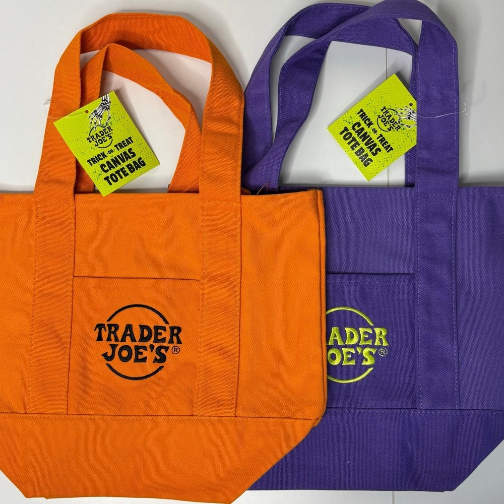 LOT 2x — Trader Joe’s Canvas MINI Tote Bag — Halloween Trick Treat Orange Purple