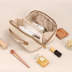 Prite Makeup Bag for Women Travel Waterproof Vegan Leather Medium, Beige