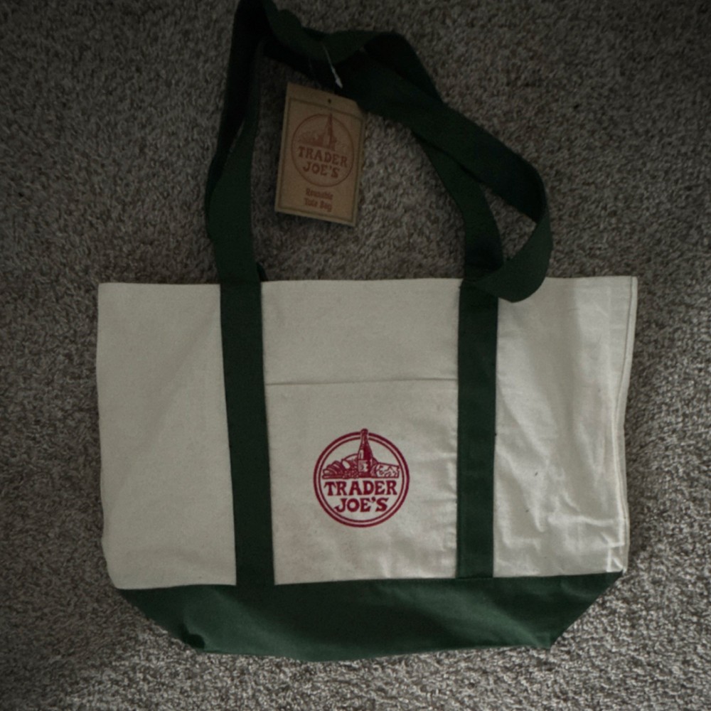 Trader Joe’s Reusable Canvas Tote Bag Beige Green Solid Plain Shopping Grocery