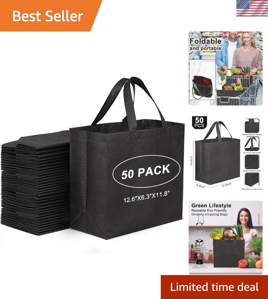 Durable and Stylish: 50 Pack Black Reusable Tote Bags with Reinforced Handles