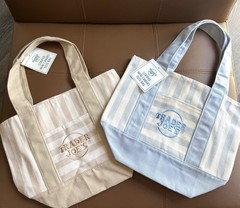 Trader Joe’s Striped Canvas Tote Bags 2-Pack, Blue & Beige Two-Piece Set