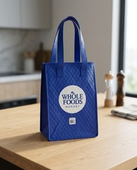 Whole Foods Market Blue Reusable Foldable ThermalShopping Bag Zipper Side Pocket