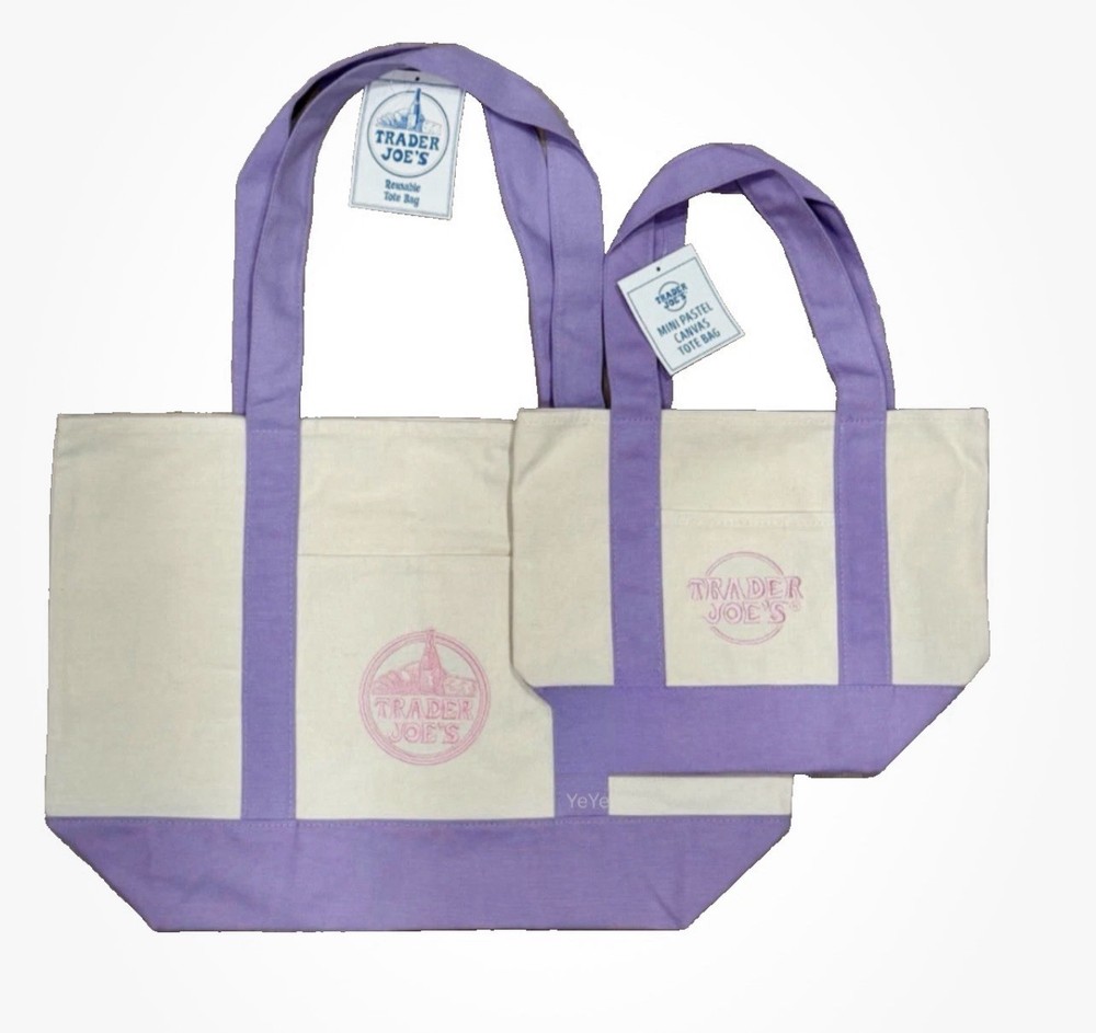 Trader Joe’s Foldable Canvas Reusable Shopping Bags Color Block Beige Purple Set