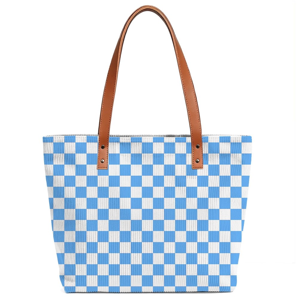 Blue and White Checkered Canvas Tote Bag With Leather Handle for Women Men Bi…