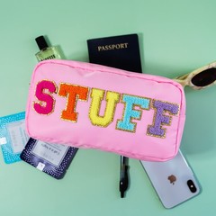 Fablinks Preppy Stuff Bag, Chenille Varsity Letter Makeup Pouch, 9.0″, Pink