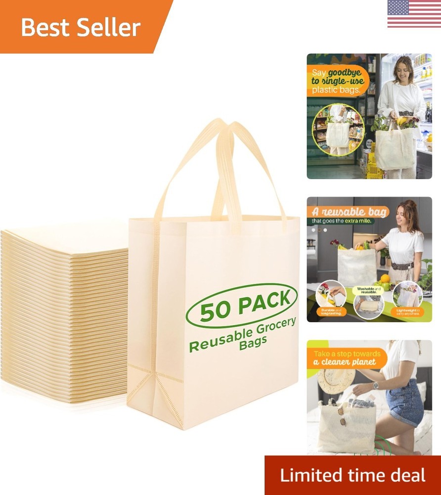 Durable Eco-Friendly Grocery Bags – 50 Large Reusable Tote Bags, 14.5″x14″