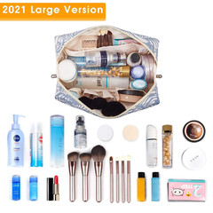 Large Makeup Bag Zipper Pouch Travel Cosmetic Organizer for Large, Blue Leaf