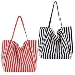 2 Pcs Lightweight Soft Casual Striped Canvas Shopping Tote Bags with Inner