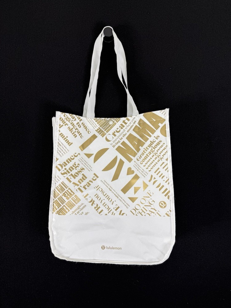 Lululemon 20th Anniv. Reusable Tote Shopping Bag White Gold Snap Closure 16×14