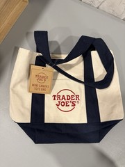 Trader Joe’s Mini Canvas Tote Bag Foldable Navy Blue Beige Small Solid