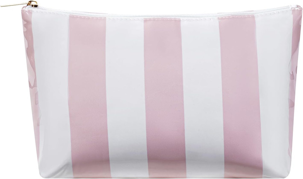 Large Waterproof PVC Beach Pool Makeup Bag with Pink Striated, Cute Cosmetic Acc