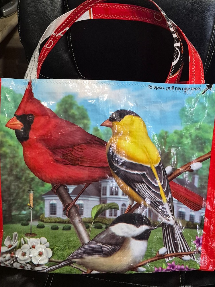 Homemade shopping bag ; made from bird seed bag