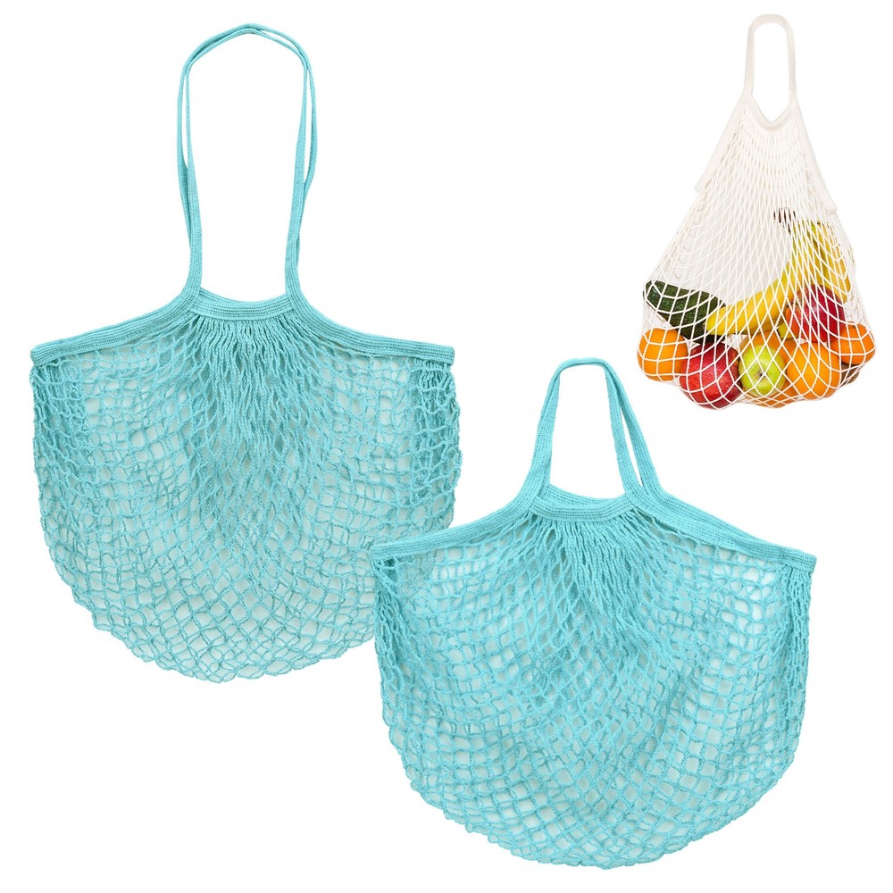 2-Pack Reusable Mesh Net String Grocery Bags [Blue-Green,Long&Short Handle]