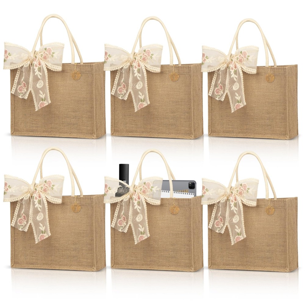 6pcs Burlap Jute Tote Bags With PE Laminated Interior, 13″ x 9.4″ x 5″ Water …