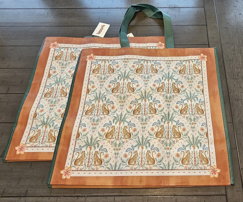 Lot 2 TJ Maxx Leopard Cheetah Botanical Shopping Tote Gift Bags XL Reusable ECO