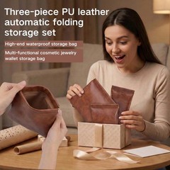 ZJO Leather Pouch for Purse, 3PCS Snap Closure Makeup Bags brown